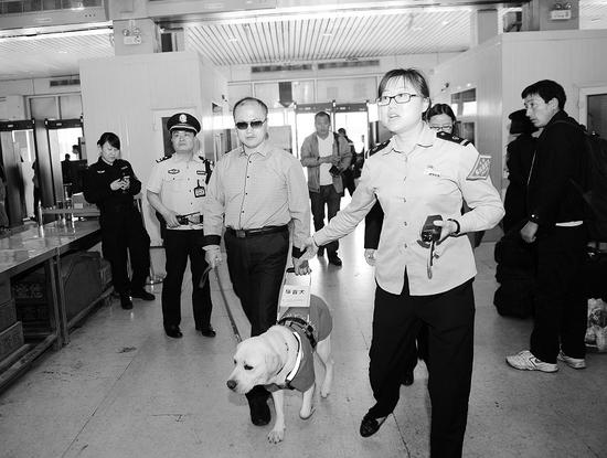 太原火车站工作人员引领导盲犬及其主人进站 记者寇宁摄